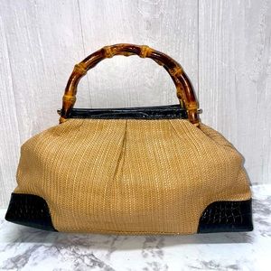Loft Boho straw tote purse wood handles